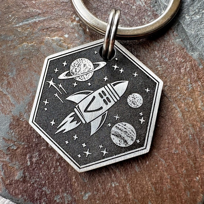 Rocket Spaceship Dog Tag, Planets keyring, Stars keychain, Space Pet Tag, Personalised Dog Tag, dog ID Tag, Engraved Dog Tag, Space themed image 1