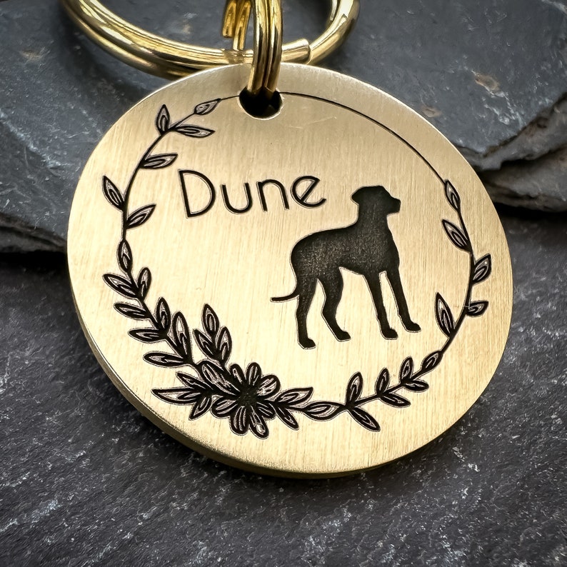 Customisable Dog Breed ID tag, floral Print keychain, Metal pet tag, Custom collar charm for dogs, spaniel dog tag, gift for dog lover image 1