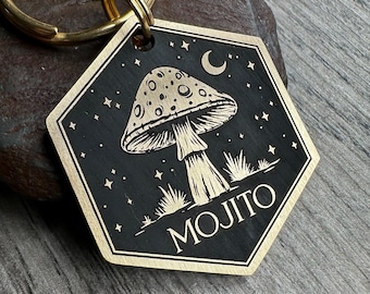 Mushroom Dog ID Tag, Moonlight Woodland Keyring, Personalised Unique Engraved Pet Tags