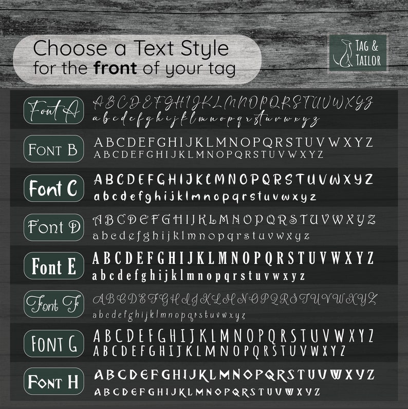 May include: A graphic showing eight different font styles for text on a tag. The font styles are labeled Font A through Font H. Each font style shows the alphabet in uppercase and lowercase letters.