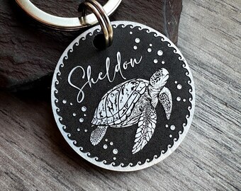 Hand-Drawn Turtle Dog Tag, Ocean Sealife Engraved Keyring, Personalized Pet Charm (UK Made)