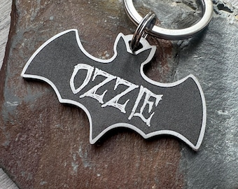 Engraved Halloween Bat Shape Dog Tag, Autumn Fall Creepy Spooky Pet Name Tag, Custom Made Chunky Brass or Steel Metal Dog Collar Charm