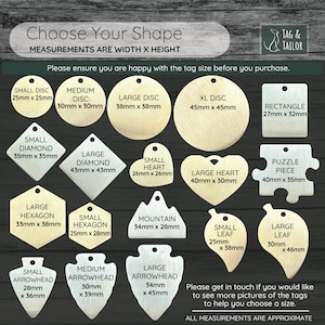 May include: A chart displaying various shapes and sizes of wooden tags, with measurements in millimetres. The tags are suitable for use as pet ID tags, keychains, or other craft projects. The chart features shapes such as circles, diamonds, hearts, hexagons, and arrowheads.