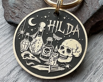 Pagan Witchcraft Halloween Dog Tag, Custom Brass or Steel Pet ID