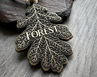 Engraved Brass Oak Leaf Dog Tag: Hand-Drawn Forest Design (2mm Thick)