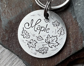 Autumn Dog Tag, Personalised tag for dog collar, Custom Id for dogs, Engraved ID Tag, Pet name tag, Autumn leaves keyring, Halloween dog tag