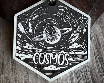 Hand-Drawn Cosmos Dog Tag, Engraved Space Planets Keychain, Galaxy Pet ID