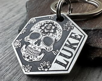 Day of the Dead Sugar Skull Halloween Dog Name Tag, Autumn Fall Roses Pet ID Tag Keyring, Custom Made Candy Skull Metal Dog Collar Charm