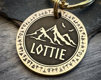 Mountain Adventure Dog Tag, Custom Personalised Engraved Metal Pet ID, Mountains Hiking Keyring Charm for Collar, Solid Brass/Stainless Ste