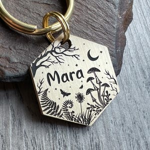 Witchy Witchcraft Dog ID Tag, Mushrooms Fern Leaves Woodland Keyring, Personalised Unique Engraved Pet Tags, Celestial Moon Stars Keychain