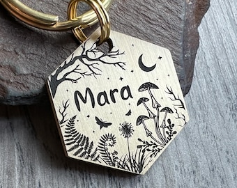 Witchy Witchcraft Dog ID Tag, Mushrooms Fern Leaves Woodland Keyring, Personalised Unique Engraved Pet Tags, Celestial Moon Stars Keychain