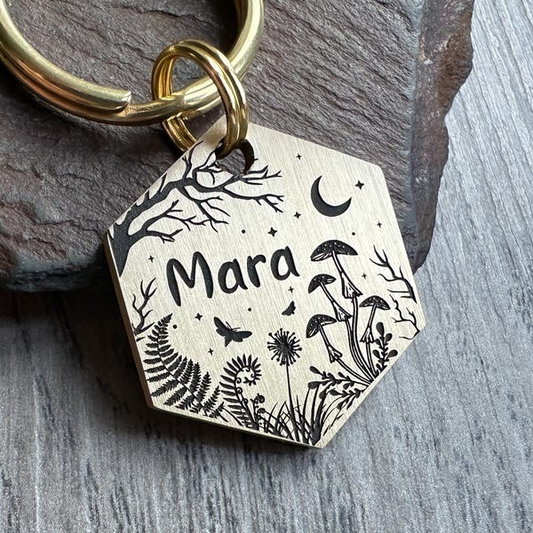 Witchy Witchcraft Dog ID Tag, Mushrooms Fern Leaves Woodland Keyring, Personalised Unique Engraved Pet Tags, Celestial Moon Stars Keychain