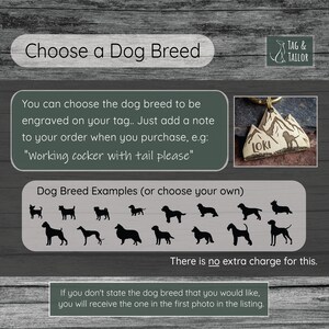 Op de afbeelding: Een afbeelding met verschillende hondenrassen, met de tekst "Choose a Dog Breed" bovenaan. De tekst eronder zegt: "You can choose the dog breed to be engraved on your tag... Just add a note to your order when you purchase, e.g: "Working cocker with tail please"". Er is een voorbeeld van een hondenpenning met de naam "Loki" erop.
