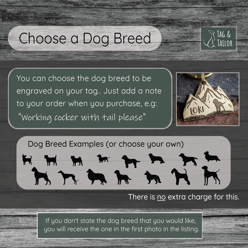 Op de afbeelding: Een afbeelding met verschillende hondenrassen, met de tekst "Choose a Dog Breed" bovenaan. De tekst eronder zegt: "You can choose the dog breed to be engraved on your tag... Just add a note to your order when you purchase, e.g: "Working cocker with tail please"". Er is een voorbeeld van een hondenpenning met de naam "Loki" erop.