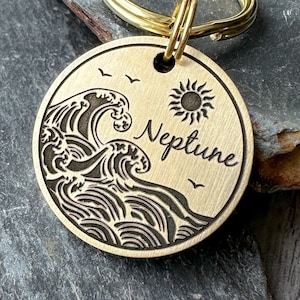 Ocean Surfing Sea Wave Keyring, Engraved Waves Dog ID Tag, Personalised pet collar name, Surfing keychain, Gift for beach surf dog lover