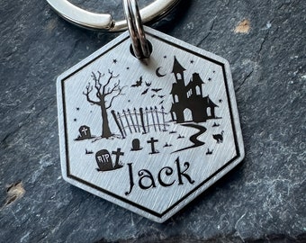 HAUNTED HOUSE Dog Name Tag, Autumn Fall Creepy Halloween Pet ID Tag Keyring, Custom Made Chunky Brass Steel Dog Collar Charm, Gift for Dog