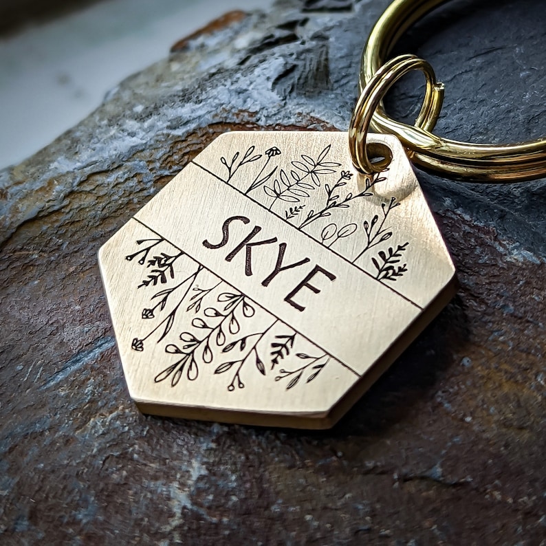 May include: Gold hexagonal dog tag with a floral design and the name "Skye" engraved on it.