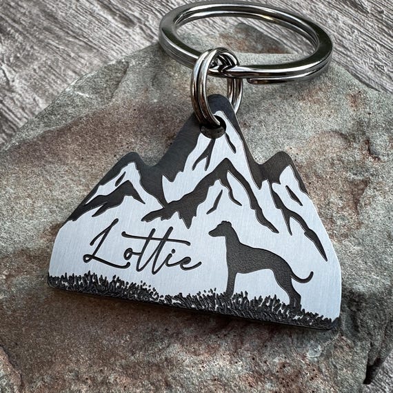 CUSTOMISABLE Dog Breed Tag, Personalised Mountains Pet ID Tag, Chunky Mountain shape keyring keychain for hiker, Engraved dog hiking gift