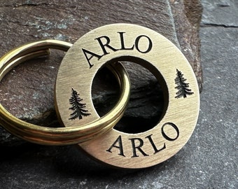 Small Lightweight Washer Shape Dog Name Tag, Solid Brass or Stainless Steel Dog Collar Charm, Custom Made Metal Pet ID Tag for Cats and Dogs