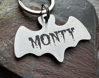 Spooky Bat Shape Dog Tag, Autumn Fall Creepy Halloween Name Tag, Custom Made Chunky Brass Steel Dog Collar Charm, Personalised Pet ID