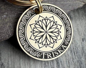 Keltische Blume Nordische Hundemarke, Nordische Wikinger Schlüsselanhänger, Tribal Azteken Haustiermarke, Personalisierter Schlüsselanhänger