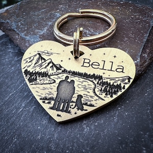 Mountains Dog Tag, Personalised tag for dog collar, Custom Id for dogs, Engraved ID Name Tag, Heart pet tag, Valentines Gift for dog or cat