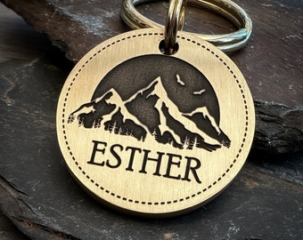 Mountain Hiking Dog Tag, Custom Personalised Engraved Metal Pet ID, Mountains Adventure Keyring Charm for Collar, Solid Brass/Stainless Ste