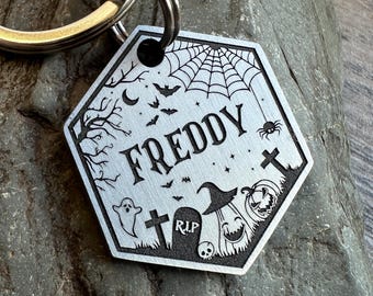 Custom Halloween Dog Tag, Chunky Steel Pet ID, Autumn Collar Charm