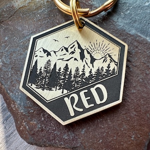 May include: A gold-toned hexagonal key chain with a black silhouette of a mountain range, trees, and a sun. The text "RED" is engraved on the bottom of the key chain.