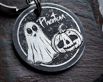 Hand-Drawn Halloween Dog Name Tag, Pumpkin Bat Ghost Charm (Brass or Steel)