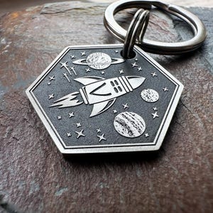 Rocket Spaceship Dog Tag, Planets keyring, Stars keychain, Space Pet Tag, Personalised Dog Tag, dog ID Tag, Engraved Dog Tag, Space themed image 2