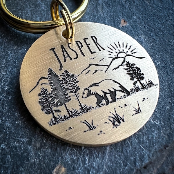 Bear Dog Tag, Mountain dog tag keyring, Custom metal ID tag, Chunky Personalised Dog Tag, Engraved Dog collar charm, Hiking keyring gift