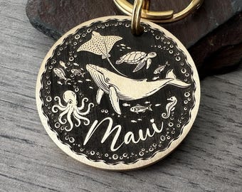 Hand-Drawn Ocean Sealife Dog Tag, Engraved Whale Octopus Turtle Keyring, Personalized Pet Charm (UK Made)