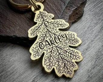 Engraved Brass Autumn Oak Leaf Dog Tag: Fall Season Pet ID Tag - version 1 light
