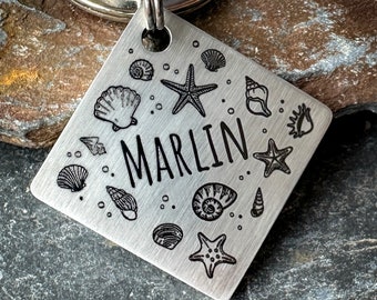 Ocean Sea Keyring, Beach Starfish Shell Engraved Dog ID Tag, Personalised pet collar name, Surfing keychain, Gift for beach surf dog lover