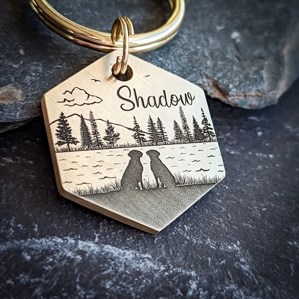 Mountains dog tag, Dog ID tag, Custom dog tag, Personalised ID tag for dogs, Dog silhouette keyring, Mountains Lake Keyring, engraved tag