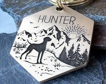 Custom Mountain Dog Tag: Engraved Brass or Steel Pet ID, Personalised Silhouette