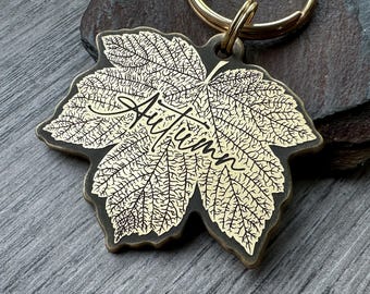 Engraved Brass Autumn Leaf Dog Tag: Fall Season Pet ID Tag