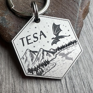 Dragon Dog Tag, Quality Thick Pet ID Name Tags, Solid Brass Charm, Gift for Dog And Dragon Lover, Mythical Animal Creatures Keyring Keychain