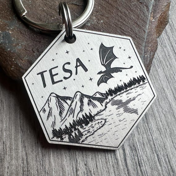 Engraved Dragon Pet ID Tag: Solid Brass or Steel Dog Tag, Mythical