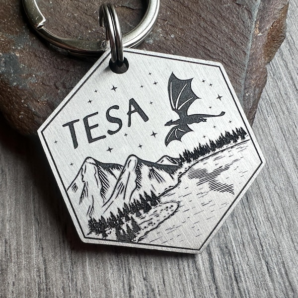 Engraved Dragon Pet ID Tag: Solid Brass or Steel Dog Tag, Mythical Keychain