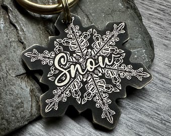 Hand-Drawn Snowflake Dog Tag, Festive Pet ID, Engraved Metal Christmas Keychain (UK Made)