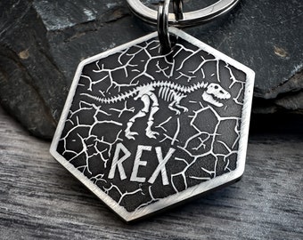 Dinosaur Skeleton Bones Dog ID Tag, Personalised Engraved Pet Name Tag, Jurassic T-Rex Fossil Keyring Keychain, Tyrannosaurus Rex Gift