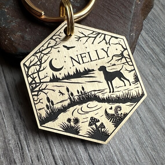 CUSTOMISABLE Dog Breed Silhouette Dog Tag, Choose Dog Breed, Personalised Custom Keychain, Forest Lake Nature ID tag Keyring for Dog Collar