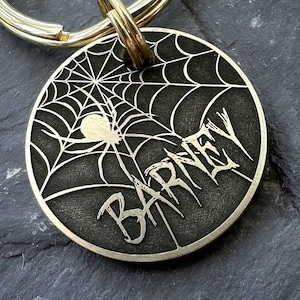SPIDER WEB Halloween Dog Name Tag, Autumn Fall Pet ID Tag Keyring, Custom Made Chunky Brass Steel Collar Charm, Gift for Dog, Cobweb tag