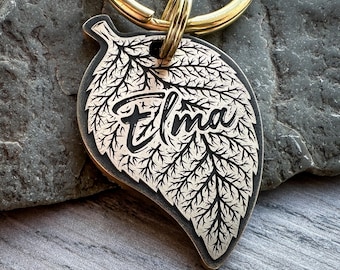 Engraved Autumn Leaf Dog Tag: Fall Season Pet ID Tag, in Brass or Stainless Steel