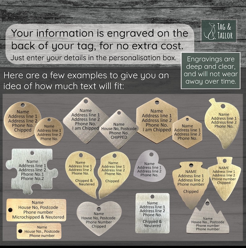 a bunch of metal tags with some words on them