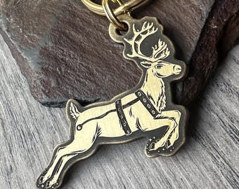 Engraved Brass Reindeer Dog Tag: Festive Christmas Season Pet ID Tag