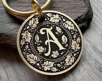 Hand-Drawn Celtic Leaf Wreath, Engraved Metal Dog Tag, Autumnal, Oak Tree (Personalised)