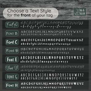 May include: A graphic showing eight different font styles for text on a tag. The font styles are labeled Font A through Font H. Each font style shows the alphabet in uppercase and lowercase letters.